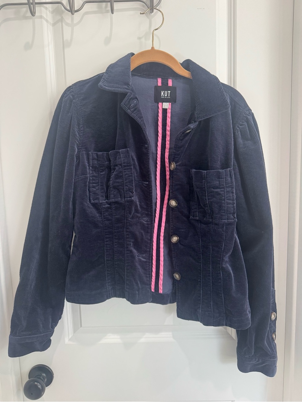 Kut from the Kloth Navy Corduroy Jacket with Pink Trim